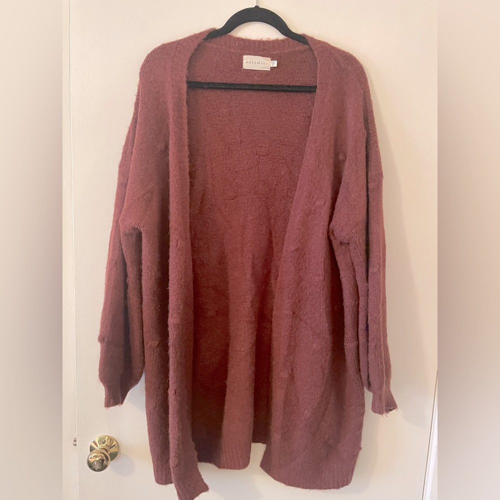 Long open cardigan Dreamers brand. Brown/ plum colored and textured.